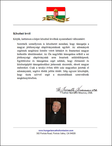 Hungarian Catholic Mission Thank You Letter
