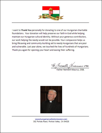 Hungarian Catholic Mission Thank You Letter